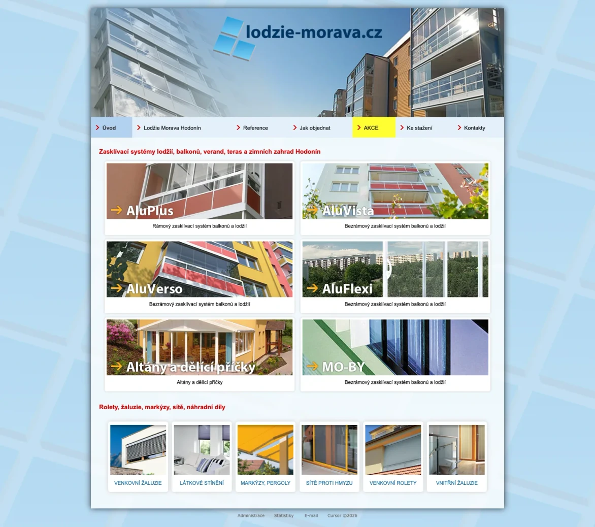 Balkonsystem zasklení lodžií, celá úvodní stránka starého webu