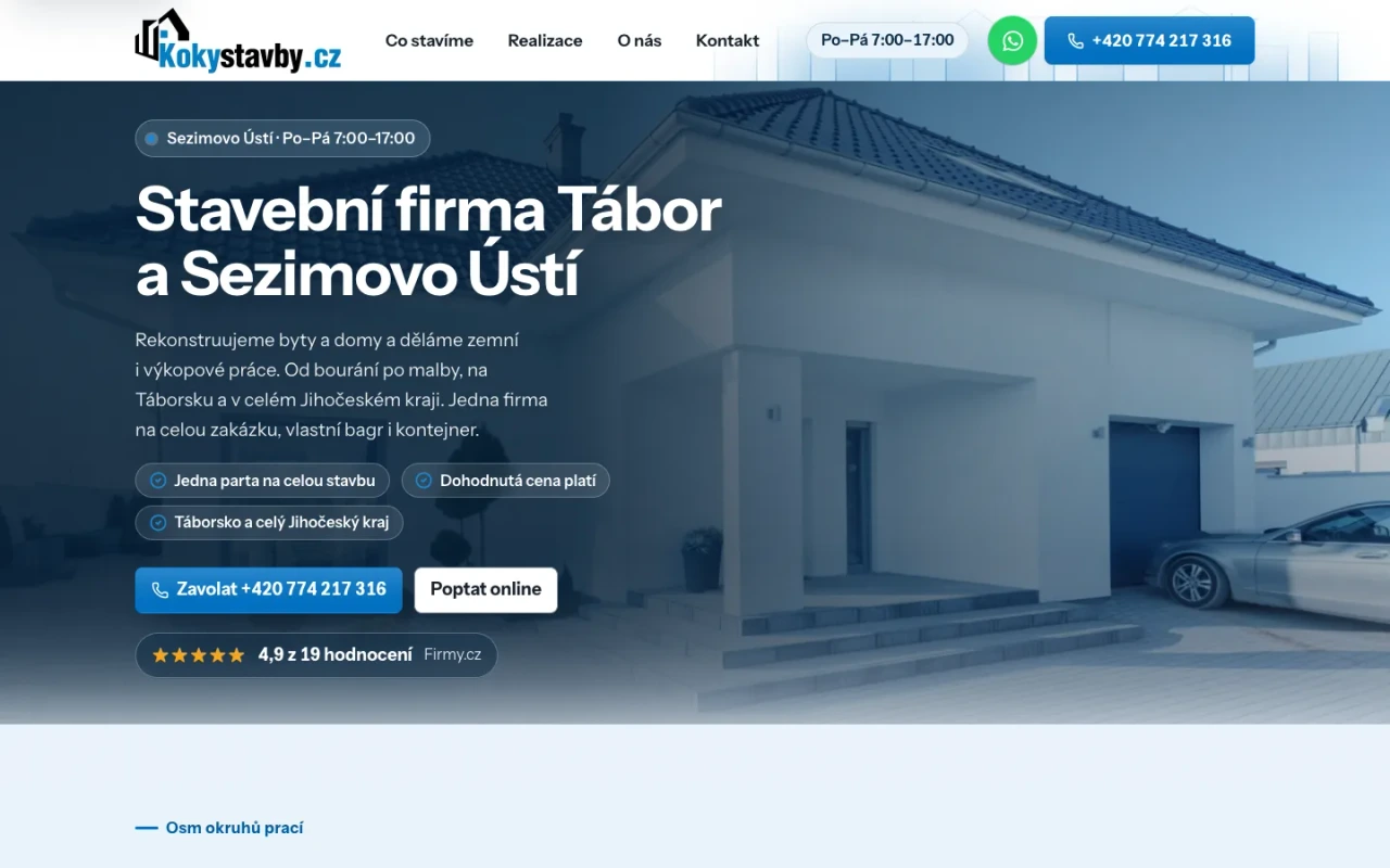 Nový web koky-stavby.cz: nadpis Stavební firma Tábor a Sezimovo Ústí, telefon, tlačítko Poptat online a hodnocení 4,9 z Firmy.cz