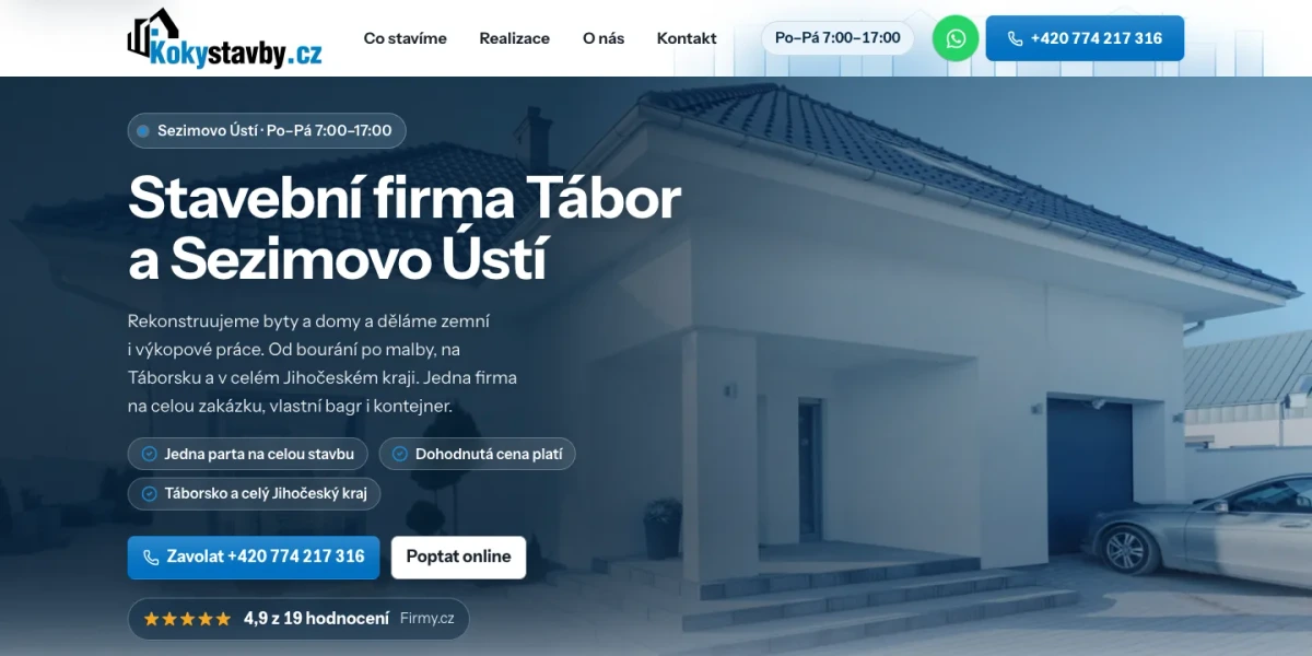 Nový web koky-stavby.cz: nadpis Stavební firma Tábor a Sezimovo Ústí, telefon, tlačítko Poptat online a hodnocení 4,9 z Firmy.cz