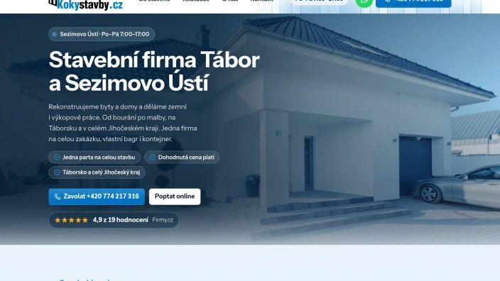 Web koky-stavby.cz s nadpisem Stavební firma Tábor a Sezimovo Ústí, telefonem a tlačítkem Poptat online