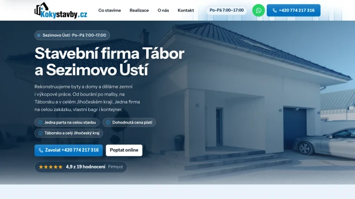 Nový web koky-stavby.cz: nadpis Stavební firma Tábor a Sezimovo Ústí, telefon, tlačítko Poptat online a hodnocení 4,9 z Firmy.cz