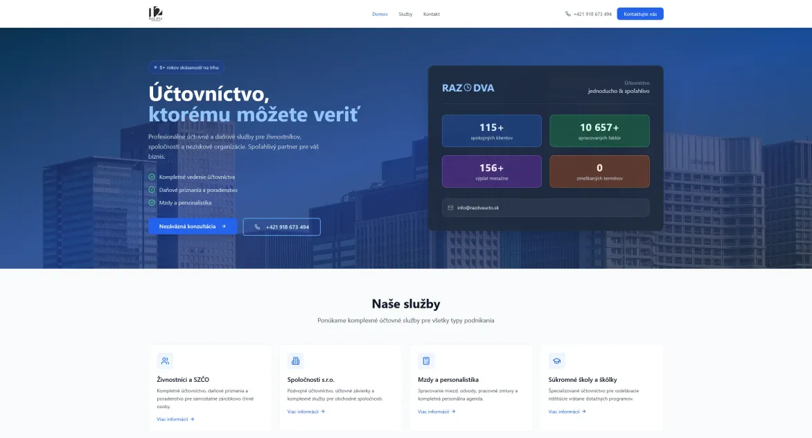 Moderní web a klientská zóna pro účetní firmu RazDva Účtovnictvo s přehledem služeb a digitální správou dokumentů