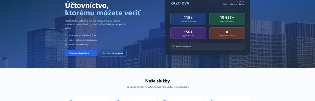 Moderní web a klientská zóna pro účetní firmu RazDva Účtovnictvo s přehledem služeb a digitální správou dokumentů