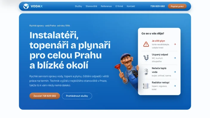 Nový web vodax.cz: nadpis Instalatéři, topenáři a plynaři pro celou Prahu, telefon, tlačítko Poptat práci a výběr Co se u vás děje
