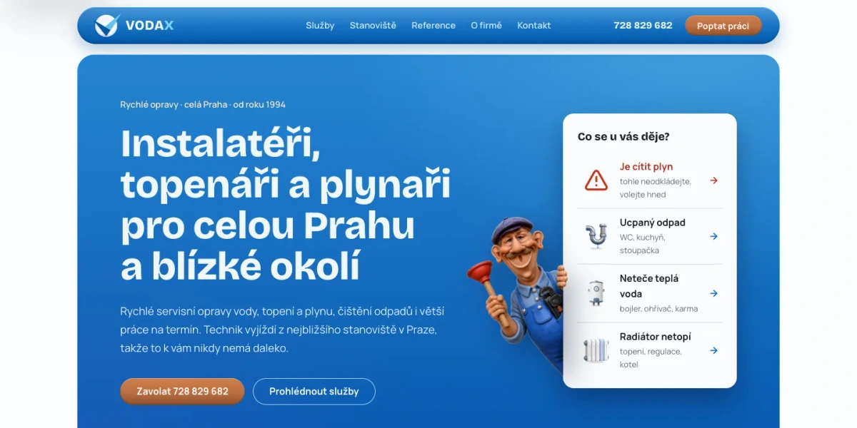 Nový web vodax.cz: nadpis Instalatéři, topenáři a plynaři pro celou Prahu, telefon, tlačítko Poptat práci a výběr Co se u vás děje
