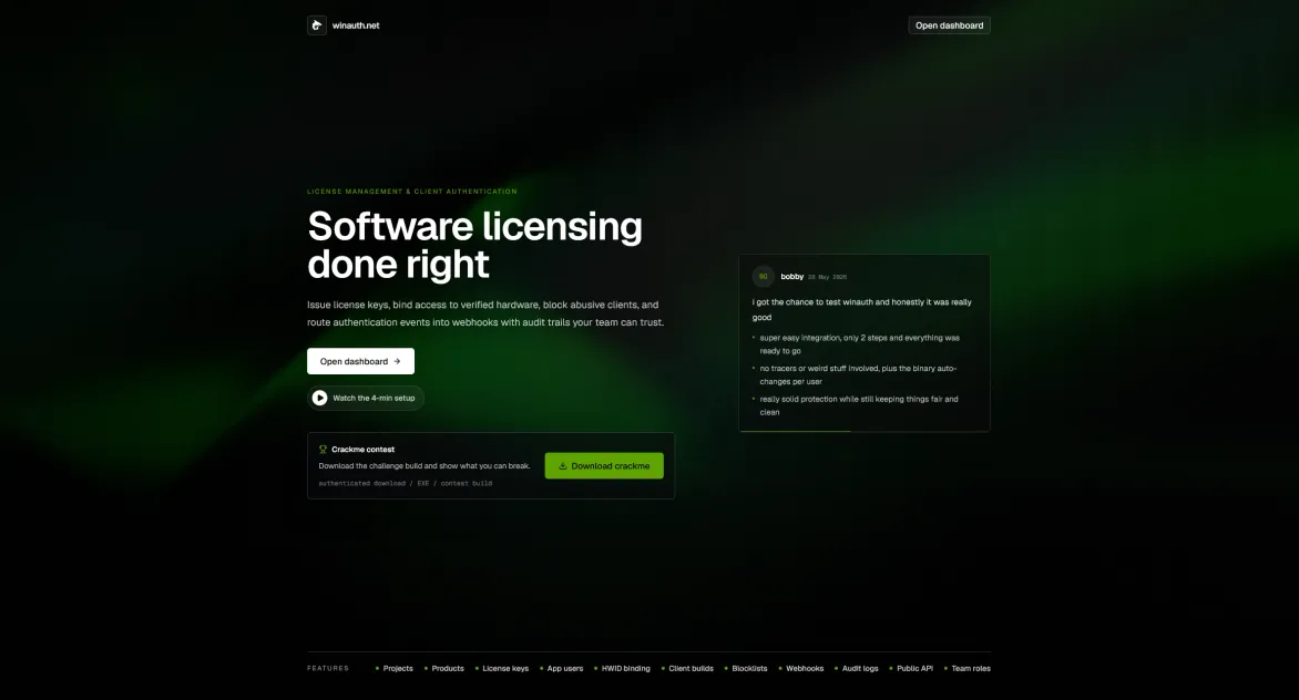 WINAUTH dashboard pro správu softwarových licencí, autentizaci klientů a sledování aktivity