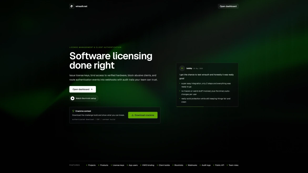 WINAUTH dashboard for managing software licenses, authenticating clients and tracking activity