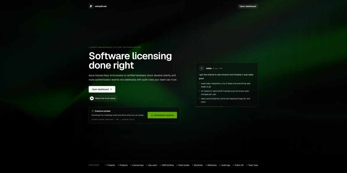 WINAUTH dashboard pro správu softwarových licencí, autentizaci klientů a sledování aktivity